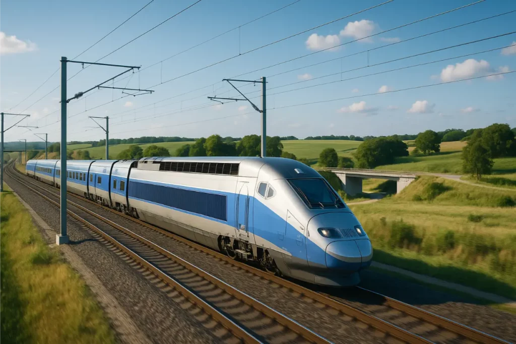 Train à grande vitesse traversant un paysage français sur une infrastructure ferroviaire moderne, symbolisant l'expertise de Qarat Consulting