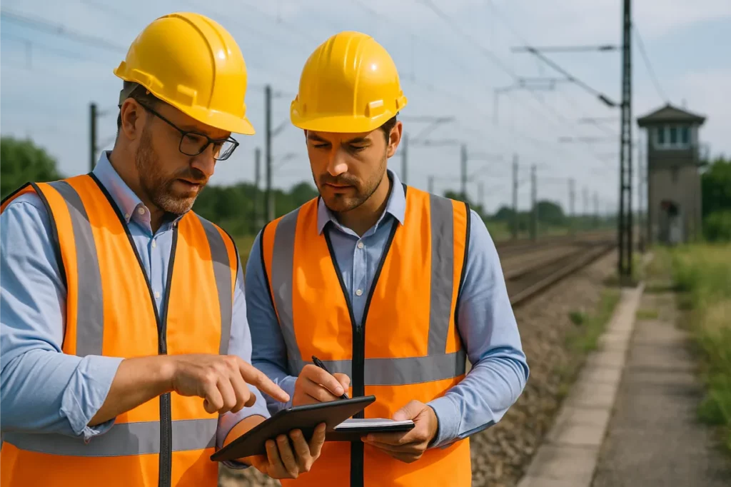 Consultants Qarat examinant des plans techniques sur site ferroviaire avec équipements de sécurité